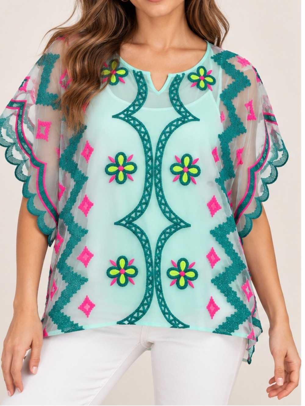 Embroidered Mint Floral Sheer Top